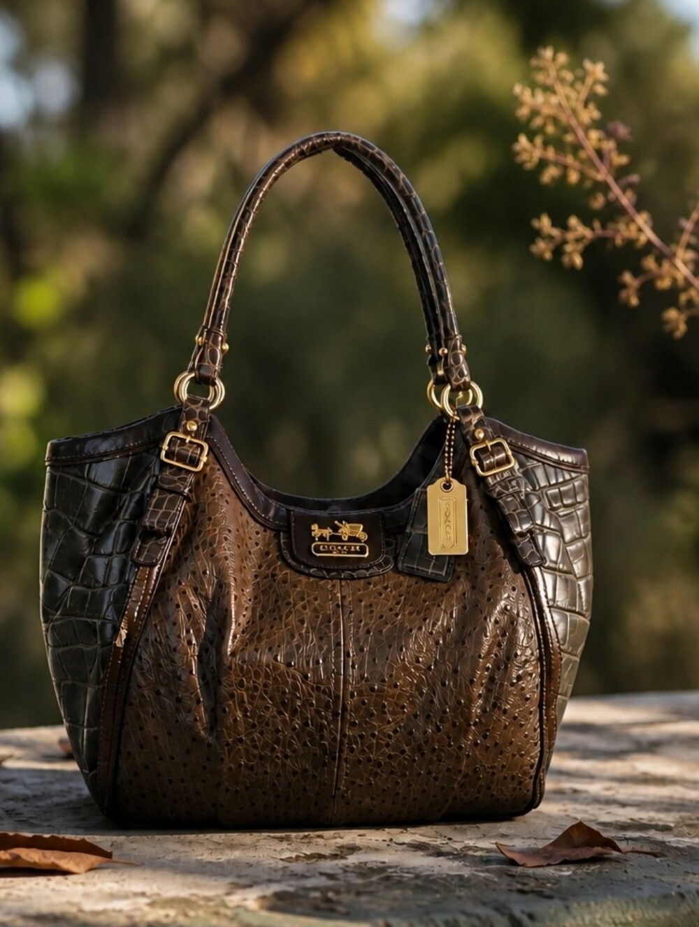 COACH RARE/HTF/LTD ED Exotic Olive Green & Taupe Croc & Ostrich Leather Tote Bag